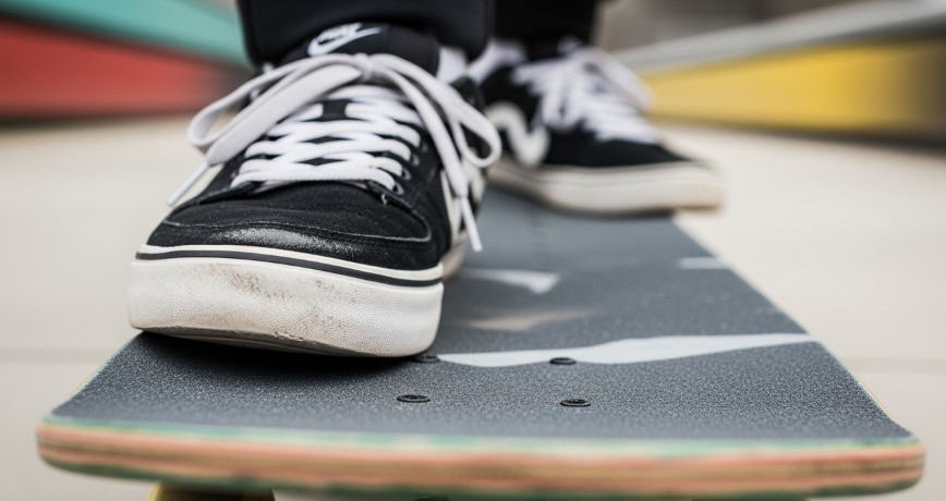 A person stands on a skateboard, wearing black sneakers